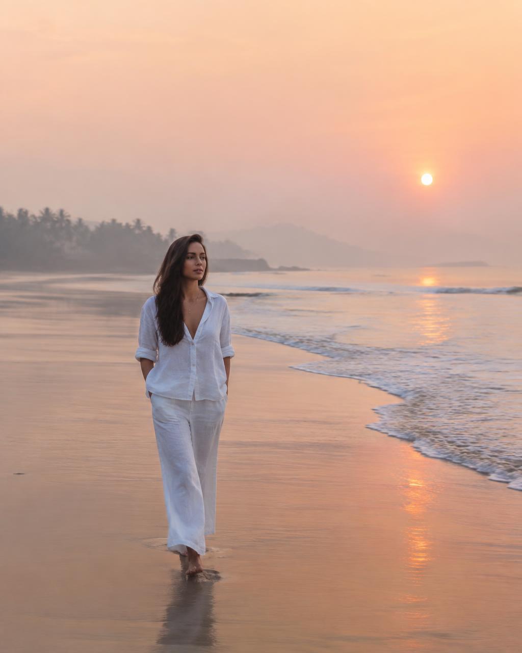 Guest walking on the beach at sunrise